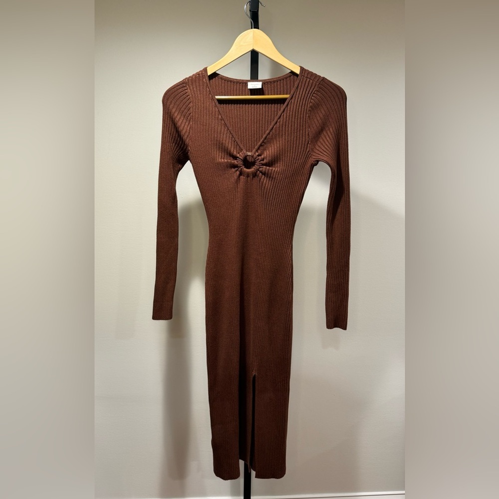 Abercrombie & Fitch Chocolate Brown Ribbed Midi Dress Small O Ring Slit - Picture 2 of 9